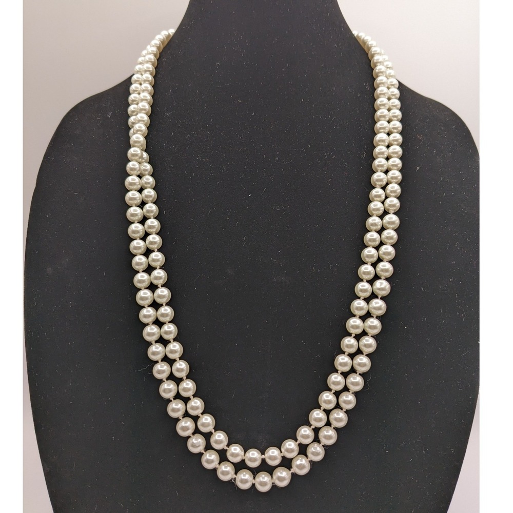 Vintage Style Double Strand Faux Pearl Necklace Cream White 30 Inch Opera Length